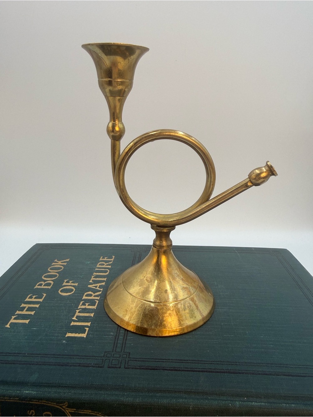 Vintage Brass Horn Candlestick Holder, Unmarked, 6" T